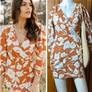 Anthropologie✨LUSH✨ Linen Blend✨ 3/4 Sleeves✨ Burnt Orange✨ Floral Mini Dress✨